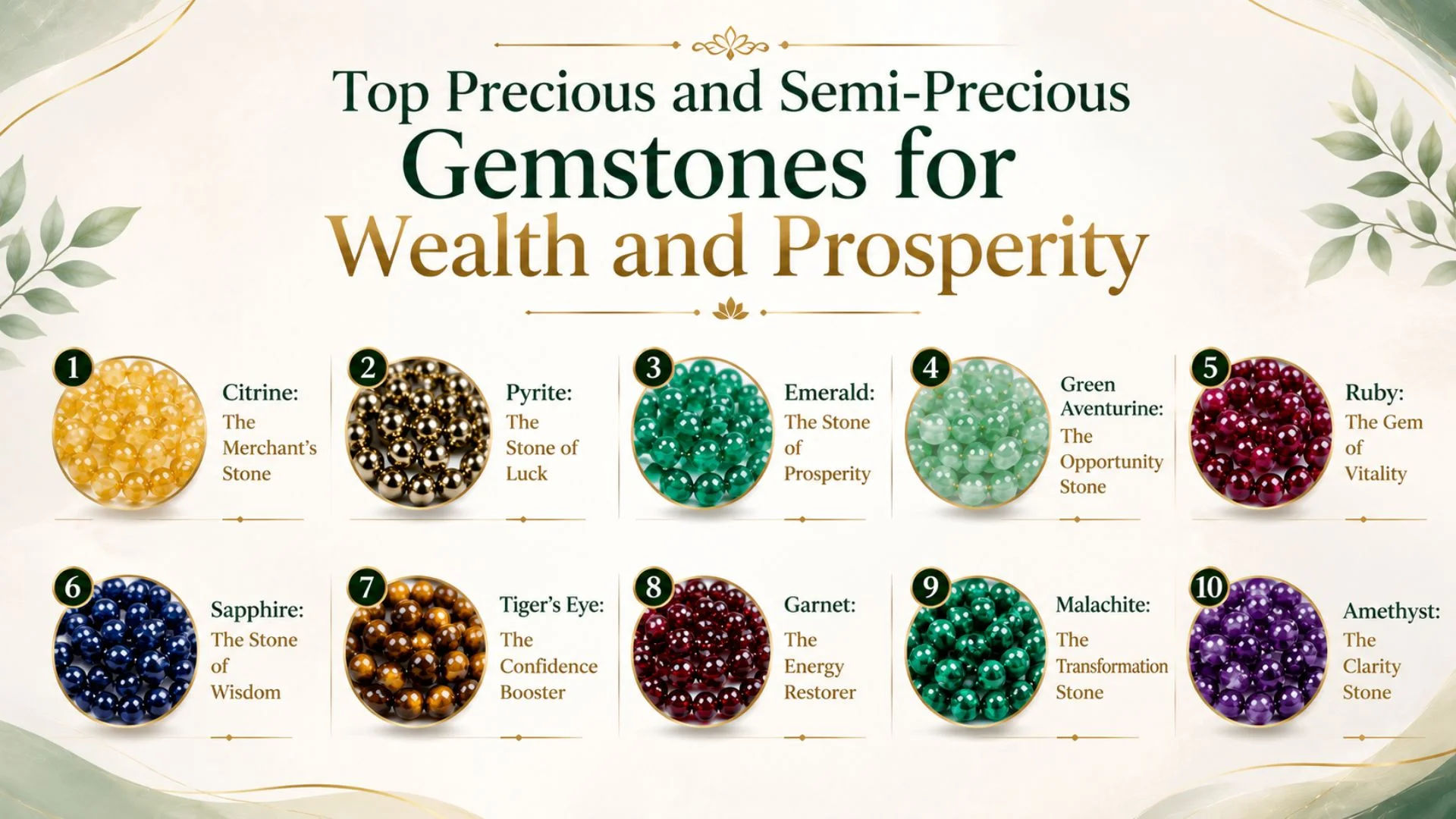 Top Precious and Semi-Precious Gemstones for Wealth and Prosperity 1. Citrine: The Merchant’s Stone 2. Pyrite: The Stone of Luck 3. Emerald: The Stone of Prosperity 4. Green Aventurine: The Opportunity Stone 5. Ruby: The Gem of Vitality 6. Sapphire: The Stone of Wisdom 7. Tiger’s Eye: The Confidence Booster 8. Garnet: The Energy Restorer 9. Malachite: The Transformation Stone 10. Amethyst: The Clarity Stone
